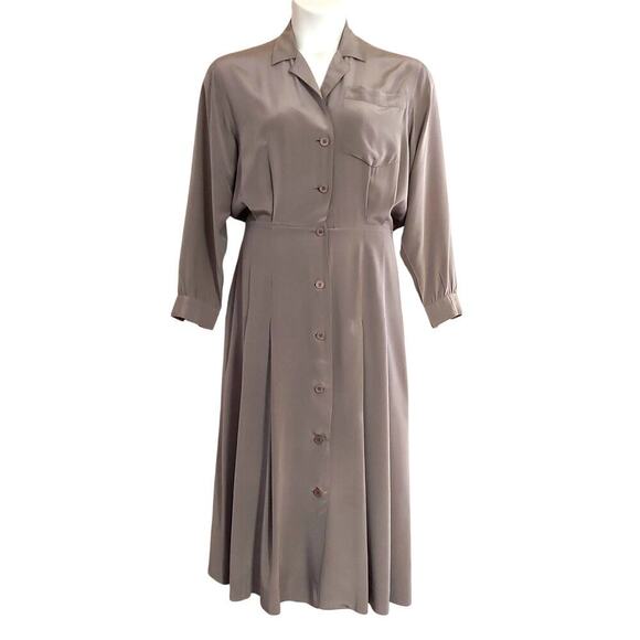 Megan Barrett VTG Taupe 100% Silk Long Sleeve Pleated Midi Length A-Line Dress - Picture 1 of 5